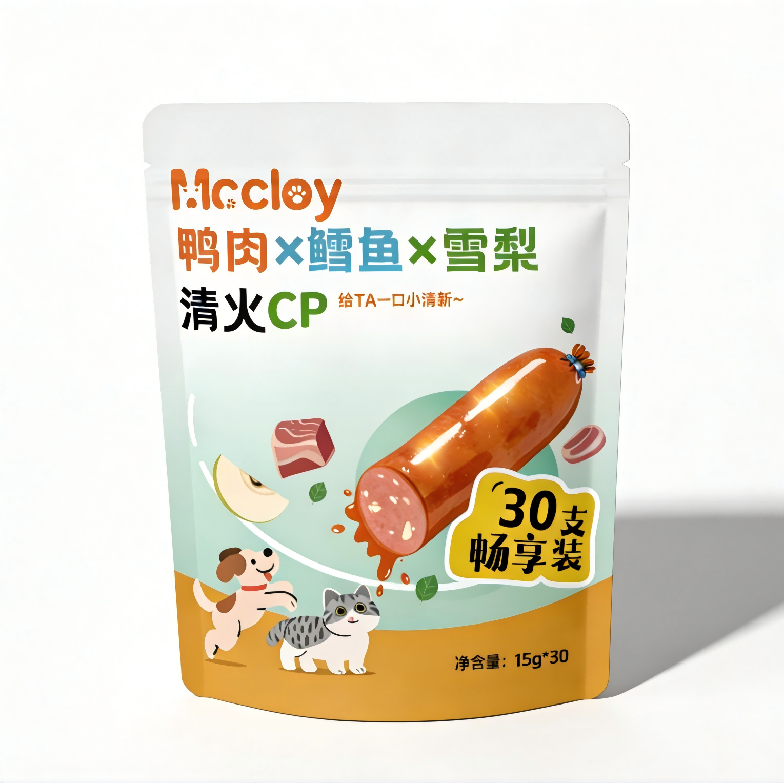 Duck meat, cod, pear, pet sausage